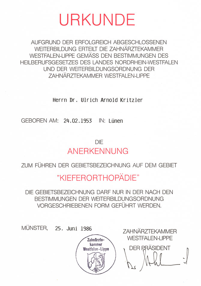 Urkunde (Zahnärztekammer Westfalen-Lippe)
